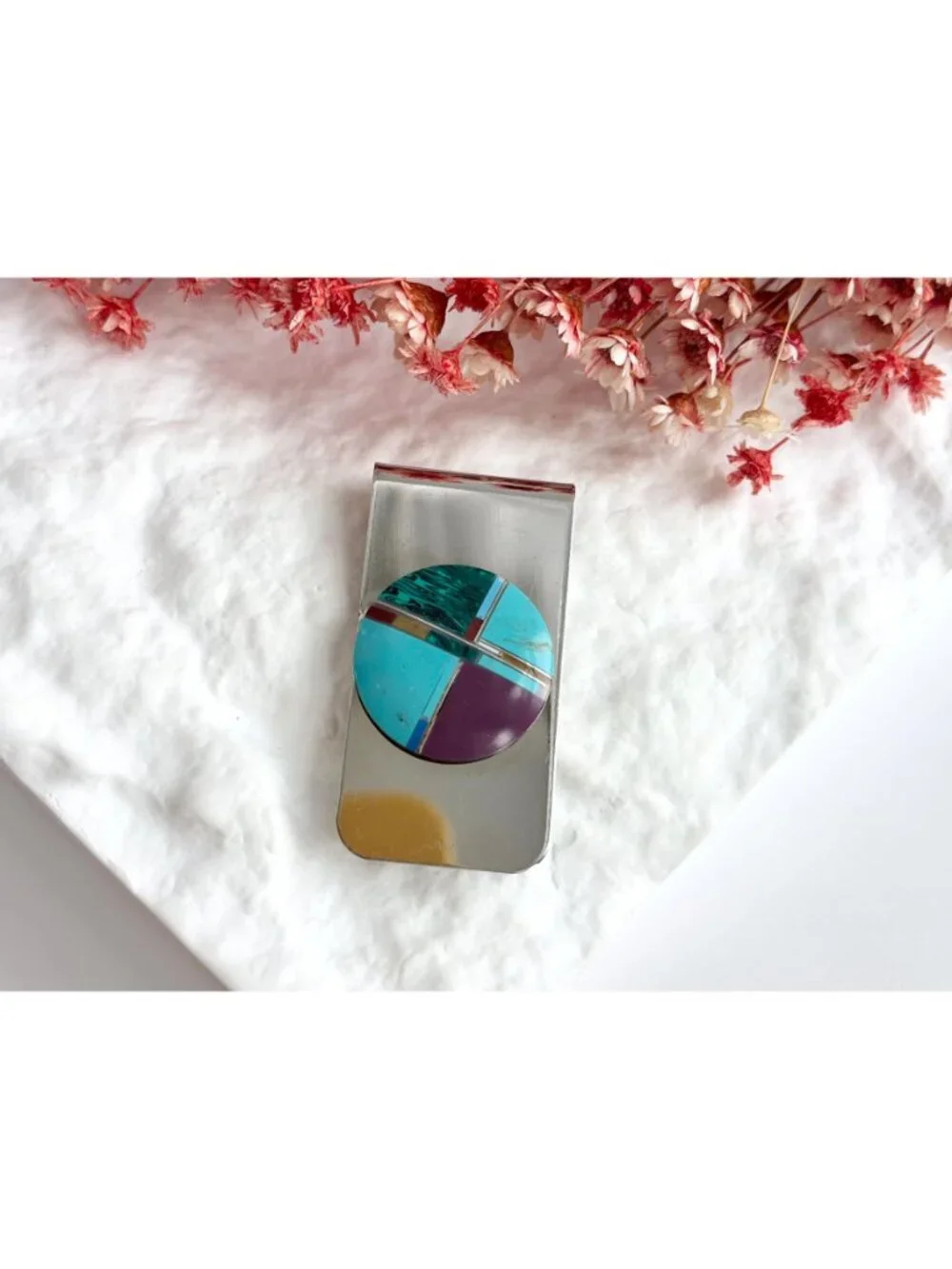 Natural Stone Inlaid Southwest Vintage Stainless Steel Money Clip